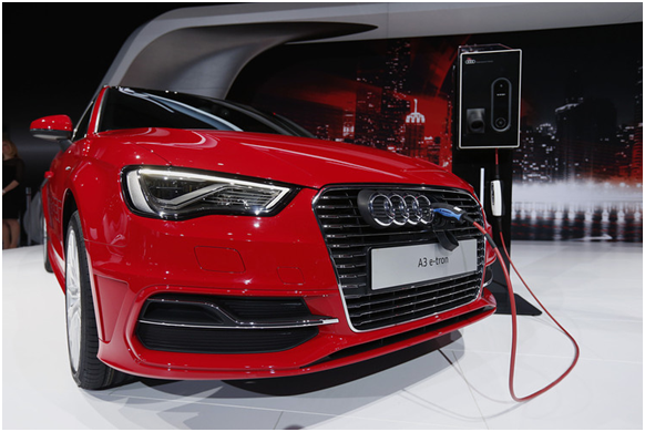 An Audi A3 e-tron hybrid vehicle at the New York auto show in April